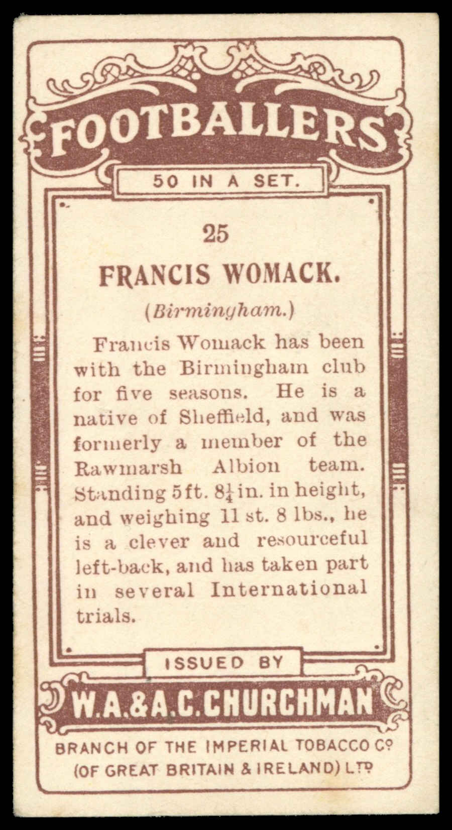 Churchman - 'Footballers' - Francis Womack (Birmingham) (1914) Churchman - 'Footballers' - Francis Womack (Birmingham) (1914)