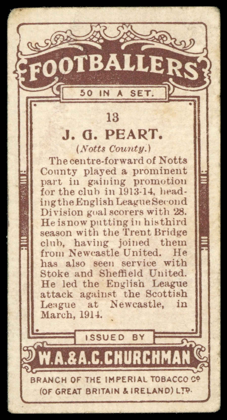 Churchman - 'Footballers' (1914) - J.G. Peart (Notts County) Churchman - 'Footballers' (1914) - J.G. Peart (Notts County)