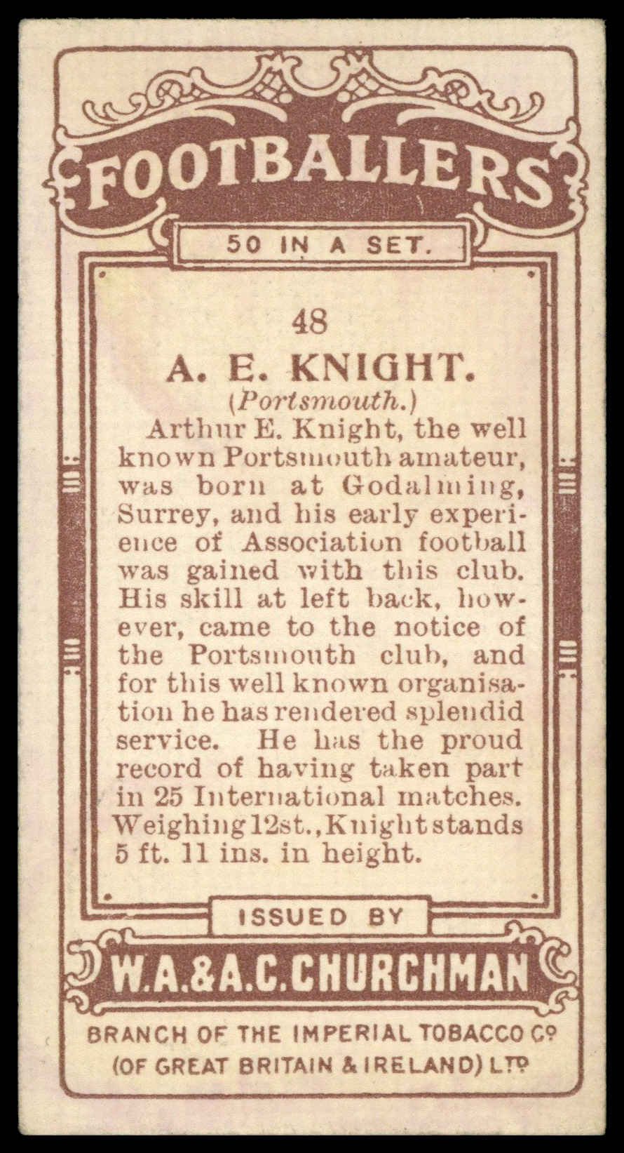 Churchman - 'Footballers' (1914) - A.E. Knight (Portsmouth) Churchman - 'Footballers' (1914) - A.E. Knight (Portsmouth)