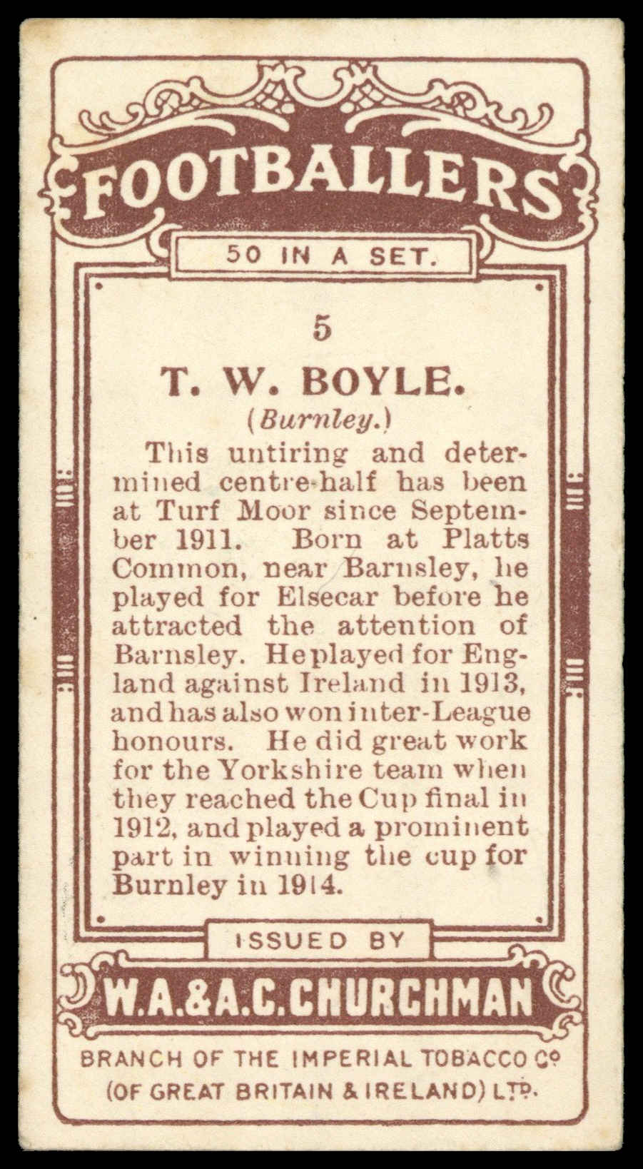 Churchman - 'Footballers' (1914) - T.W. Boyle (Burnley) Churchman - 'Footballers' (1914) - T.W. Boyle (Burnley)