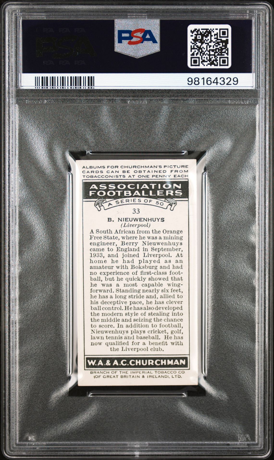 Churchman - Association Footballers - B. Nieuwenhuys (Liverpool) **PSA8** Churchman - Association Footballers - B. Nieuwenhuys (Liverpool) **PSA8**