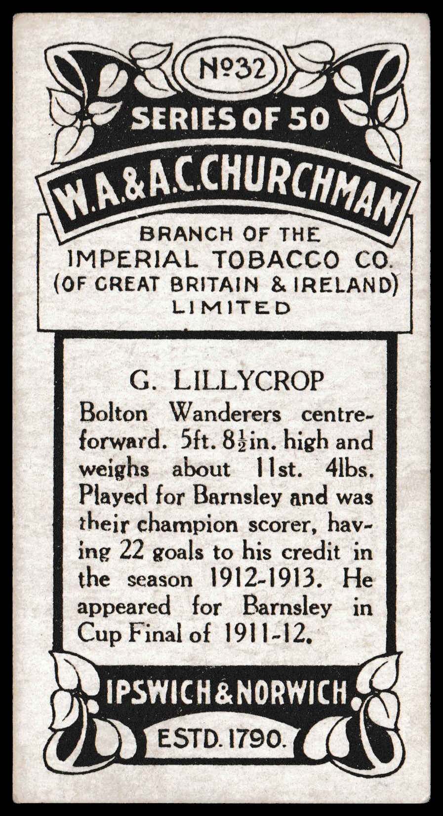 Churchman - 'Footballers (Photogravure)' (1913) #32 - G. Lillycrop (Bolton Wanderers) Churchman - 'Footballers (Photogravure)' (1913) #32 - G. Lillycrop (Bolton Wanderers)