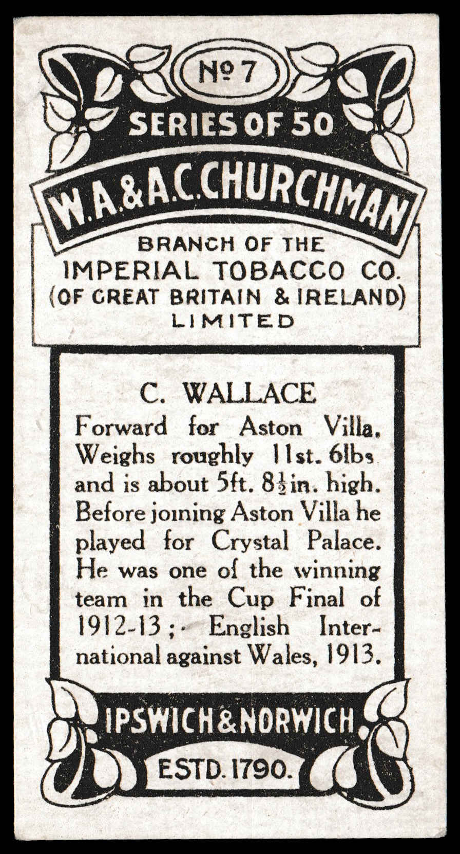 Churchman - 'Footballers (Photogravure)' (1913) #7 - C. Wallace (Aston Villa) Churchman - 'Footballers (Photogravure)' (1913) #7 - C. Wallace (Aston Villa)