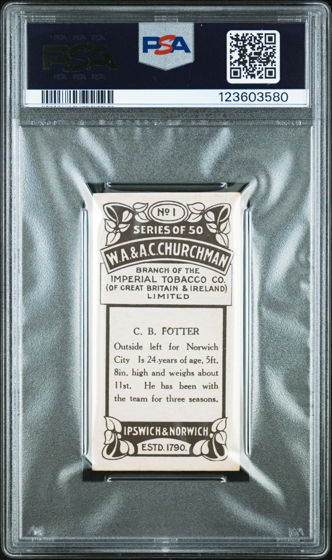 Churchman - 'Footballers (Photogravure)' (1914) - C.B. Potter (Norwich City) **PSA3** Churchman - 'Footballers (Photogravure)' (1914) - C.B. Potter (Norwich City) **PSA3**