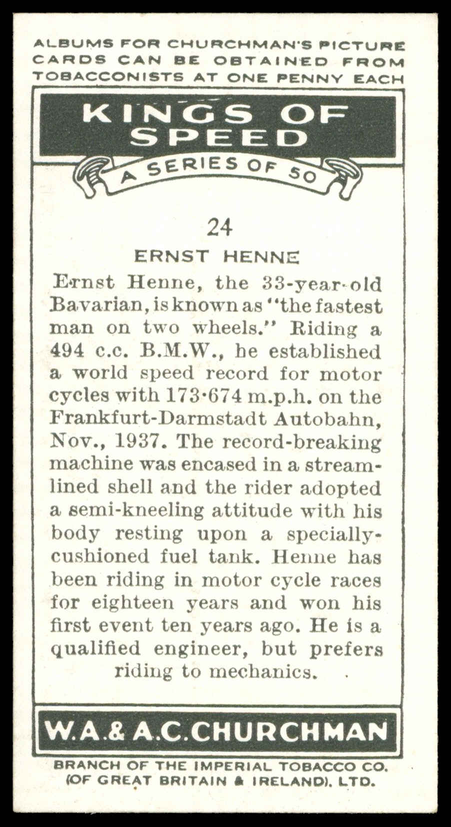 Churchman - 'Kings of Speed' (1939) - #24 - Ernst Henne (Speedway) Churchman - 'Kings of Speed' (1939) - #24 - Ernst Henne (Speedway)