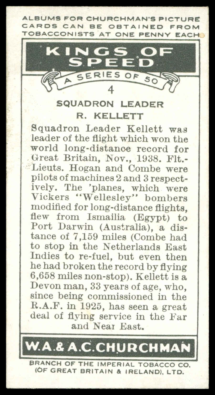 Churchman - 'Kings of Speed' (1939) - #4 - Squadron Leader R. Kellett (Aviation) Churchman - 'Kings of Speed' (1939) - #4 - Squadron Leader R. Kellett (Aviation)