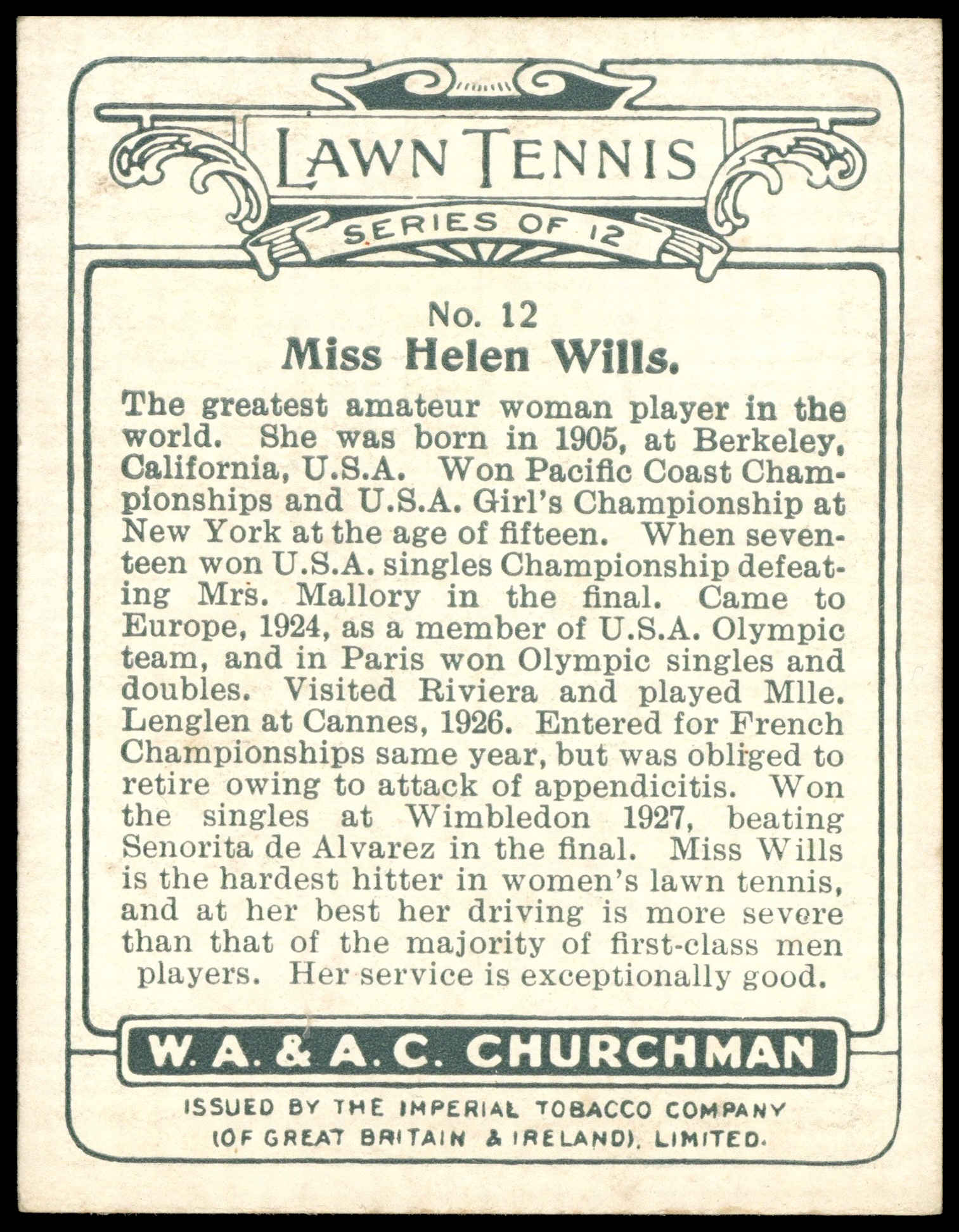 Churchman - 'Lawn Tennis (Large)' (1928) - Miss Helen Wills (U.S.A.) Churchman - 'Lawn Tennis (Large)' (1928) - Miss Helen Wills (U.S.A.)