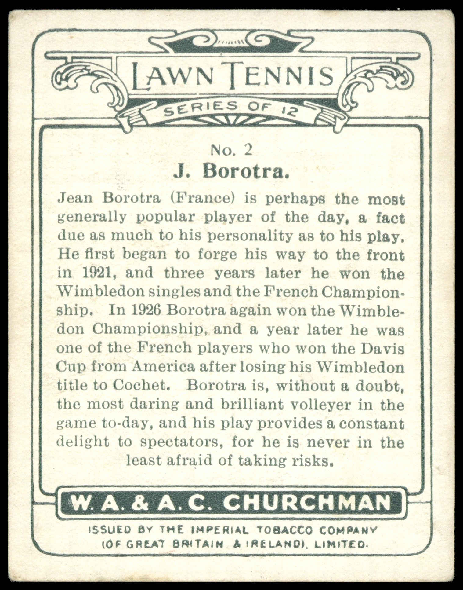Churchman - 'Lawn Tennis (Large)' (1928) - J. Borotra (France) Churchman - 'Lawn Tennis (Large)' (1928) - J. Borotra (France)