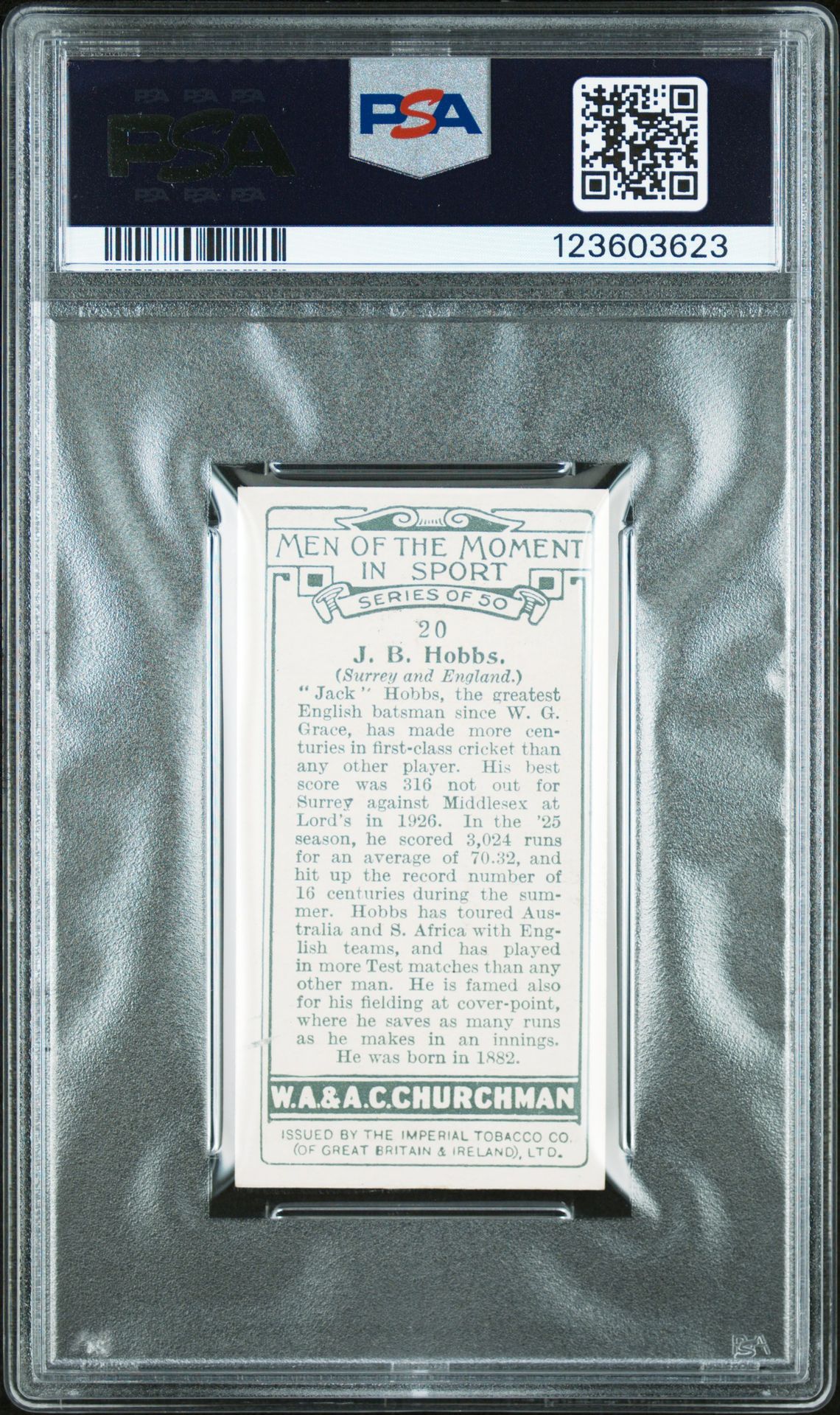 Churchman - 'Men of the Moment in Sport' (1928) - J.B. Hobbs (Surrey) **PSA8** Churchman - 'Men of the Moment in Sport' (1928) - J.B. Hobbs (Surrey) **PSA8**