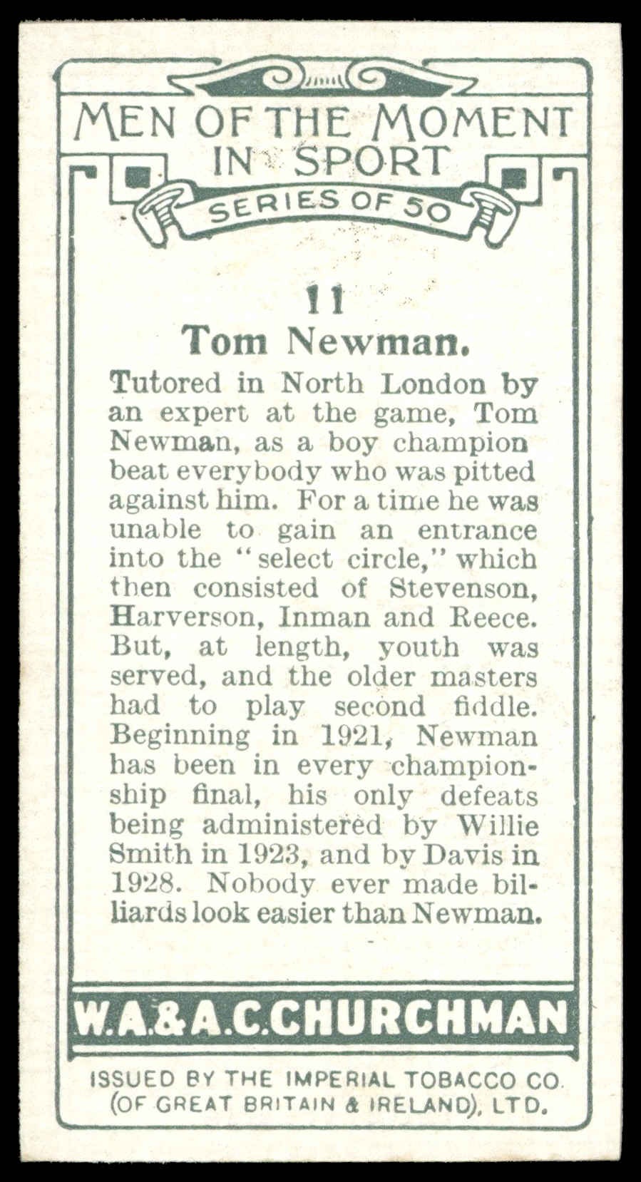 Churchman - 'Men of the Moment in Sport' (1928) - #11 - Tom Newman (Billiards) Churchman - 'Men of the Moment in Sport' (1928) - #11 - Tom Newman (Billiards)