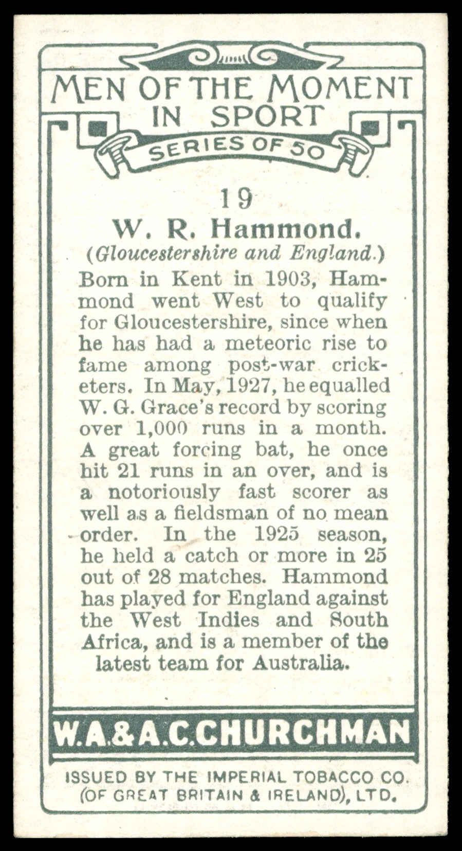 Churchman - 'Men of the Moment in Sport' (1928) - #19 - W.R. Hammond (Gloucestershire) Churchman - 'Men of the Moment in Sport' (1928) - #19 - W.R. Hammond (Gloucestershire)