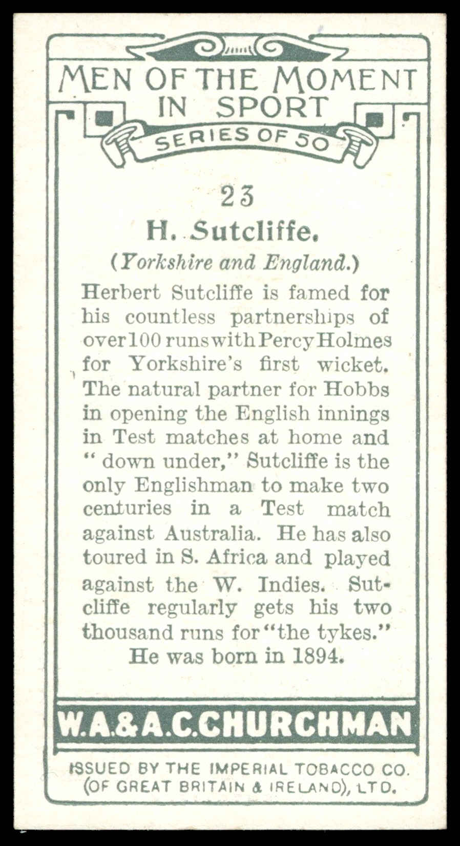 Churchman - 'Men of the Moment in Sport' (1928) - #23 - H. Sutcliffe (Yorkshire) Churchman - 'Men of the Moment in Sport' (1928) - #23 - H. Sutcliffe (Yorkshire)