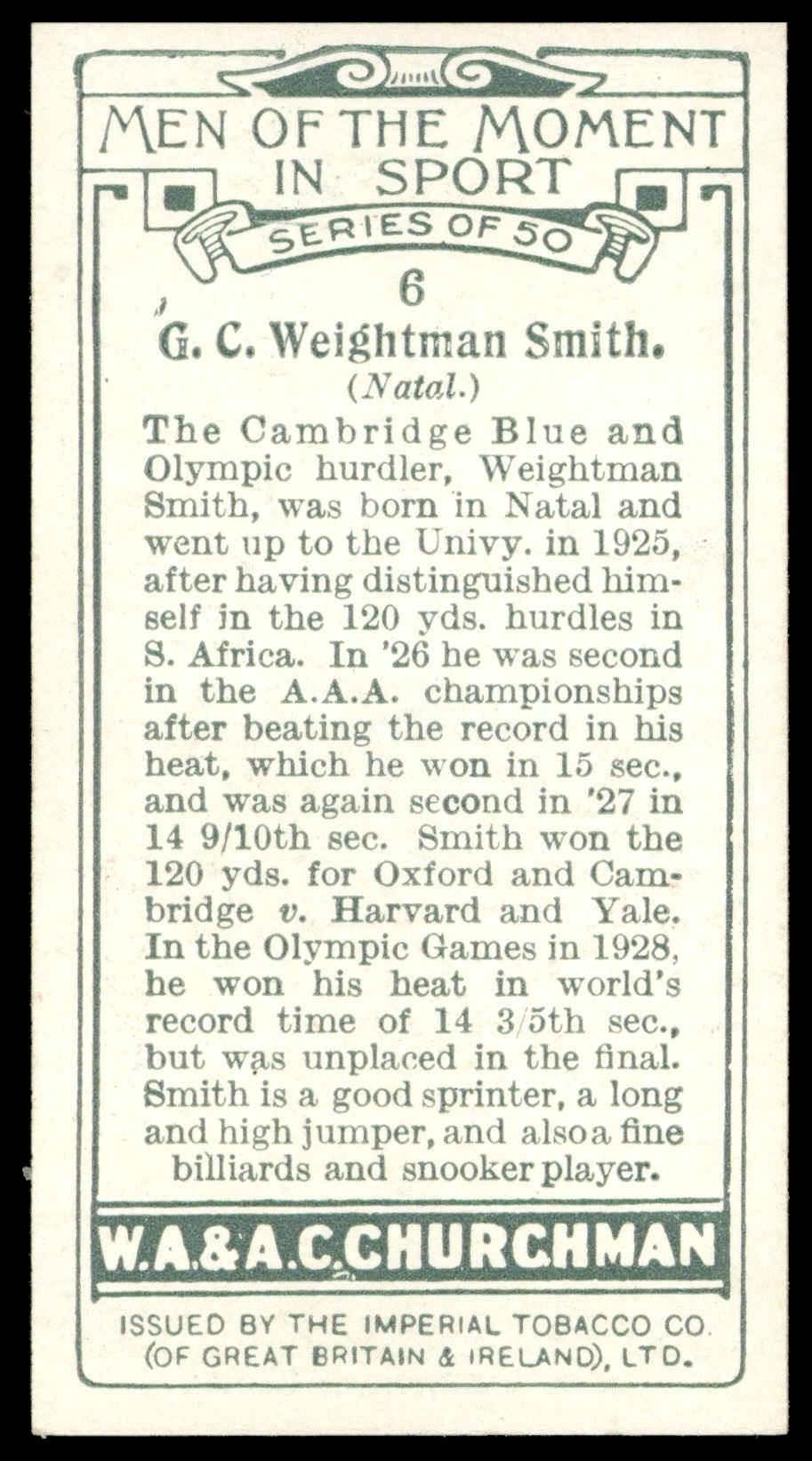 Churchman - 'Men of the Moment in Sport' (1928) - #6 - G.C. Weightman Smith (Hurdles) Churchman - 'Men of the Moment in Sport' (1928) - #6 - G.C. Weightman Smith (Hurdles)