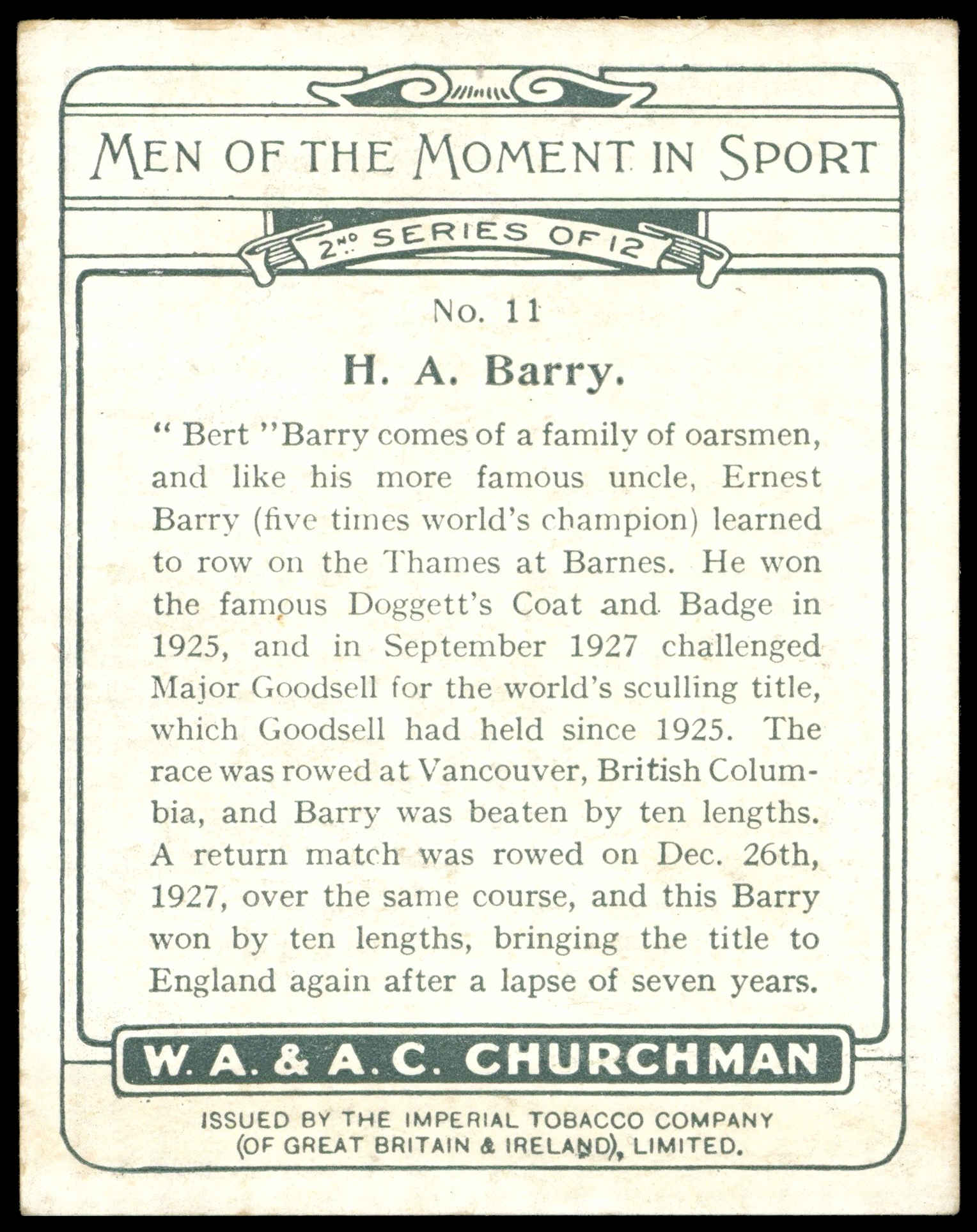 Churchman - 'Men of the Moment in Sport (S2L)' (1929) - A. Barry Churchman - 'Men of the Moment in Sport (S2L)' (1929) - A. Barry