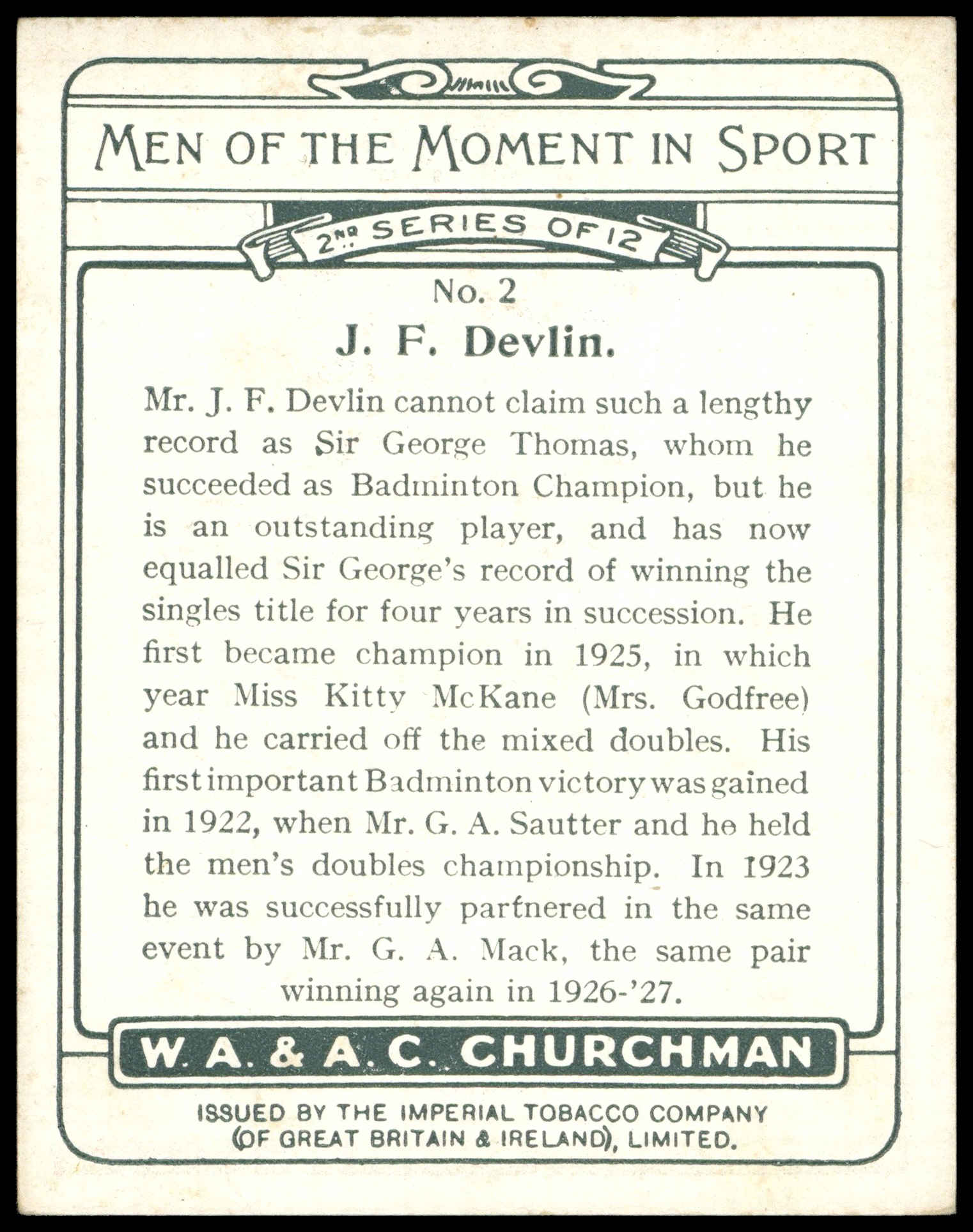 Churchman - 'Men of the Moment in Sport (S2L)' (1929) - J.F. Devlin Churchman - 'Men of the Moment in Sport (S2L)' (1929) - J.F. Devlin