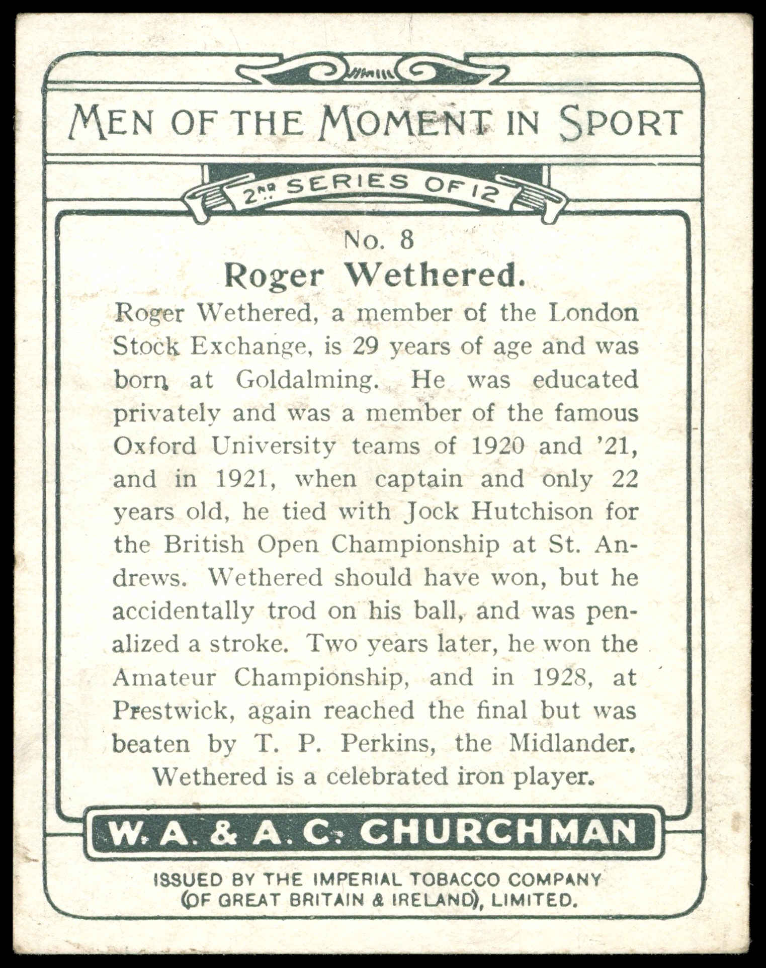 Churchman - 'Men of the Moment in Sport (S2L)' (1929) - Roger Wethered Churchman - 'Men of the Moment in Sport (S2L)' (1929) - Roger Wethered