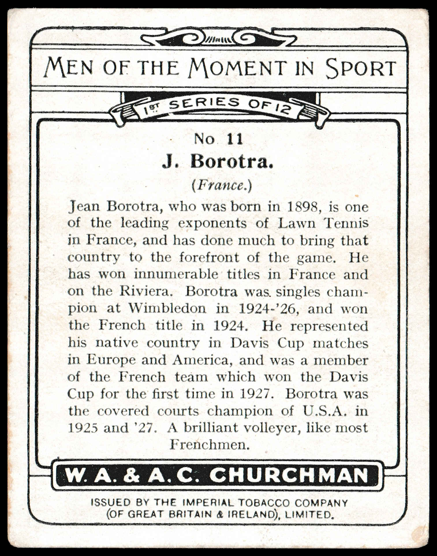 Churchman - 'Men of the Moment in Sport (S1L)' (1929) - J. Borotra (France) Churchman - 'Men of the Moment in Sport (S1L)' (1929) - J. Borotra (France)