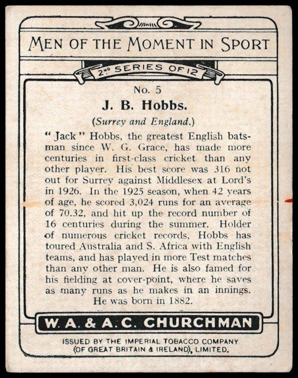 Churchman (W.A. & A.C) - 'Men of the Moment in Sport (S2L)' - Card #5 - J.B. Hobbs (Surrey) Churchman (W.A. & A.C) - 'Men of the Moment in Sport (S2L)' - Card #5 - J.B. Hobbs (Surrey)