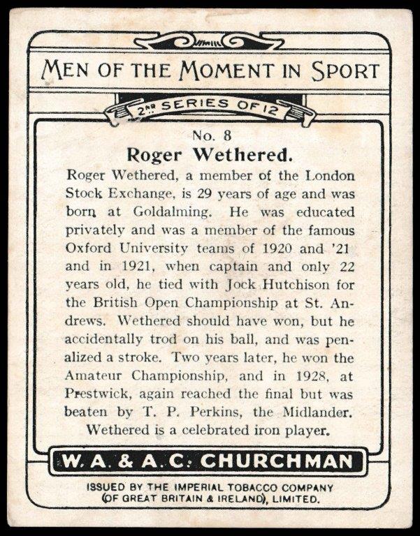 Churchman - 'Men of the Moment in Sport (S2L)' (1929) - Roger Wethered Churchman - 'Men of the Moment in Sport (S2L)' (1929) - Roger Wethered