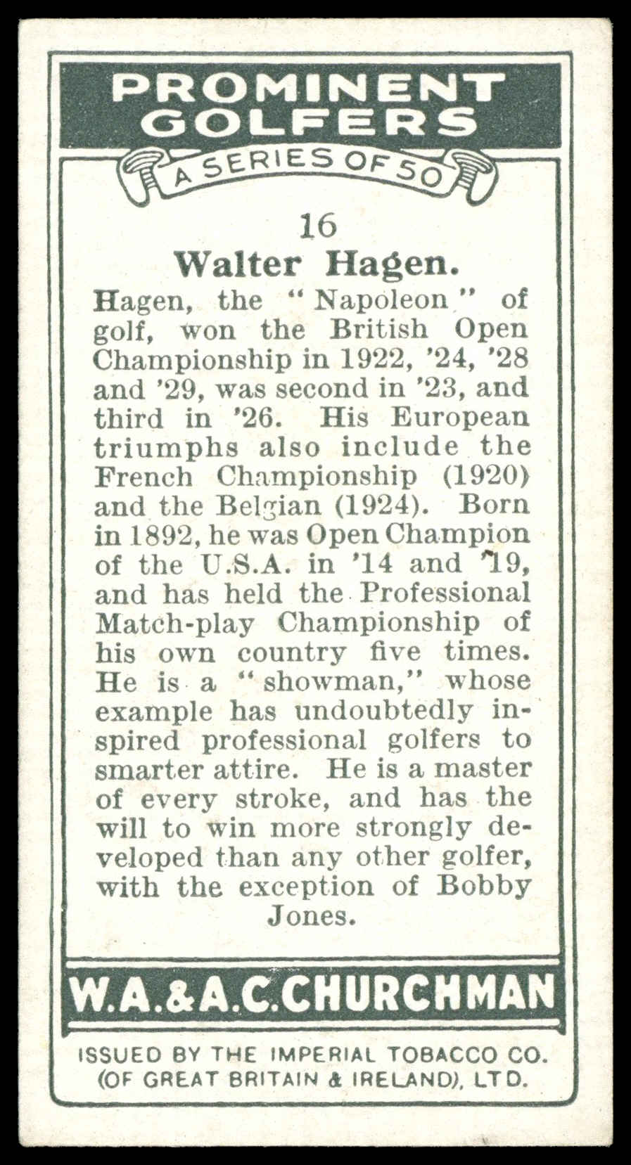 Churchman - 'Prominent Golfers' (1931) - Walter Hagen Churchman - 'Prominent Golfers' (1931) - Walter Hagen