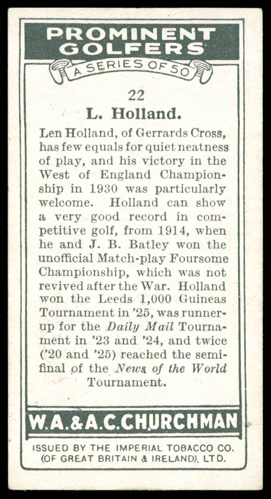 Churchman - 'Prominent Golfers' (1931) - L. Holland Churchman - 'Prominent Golfers' (1931) - L. Holland