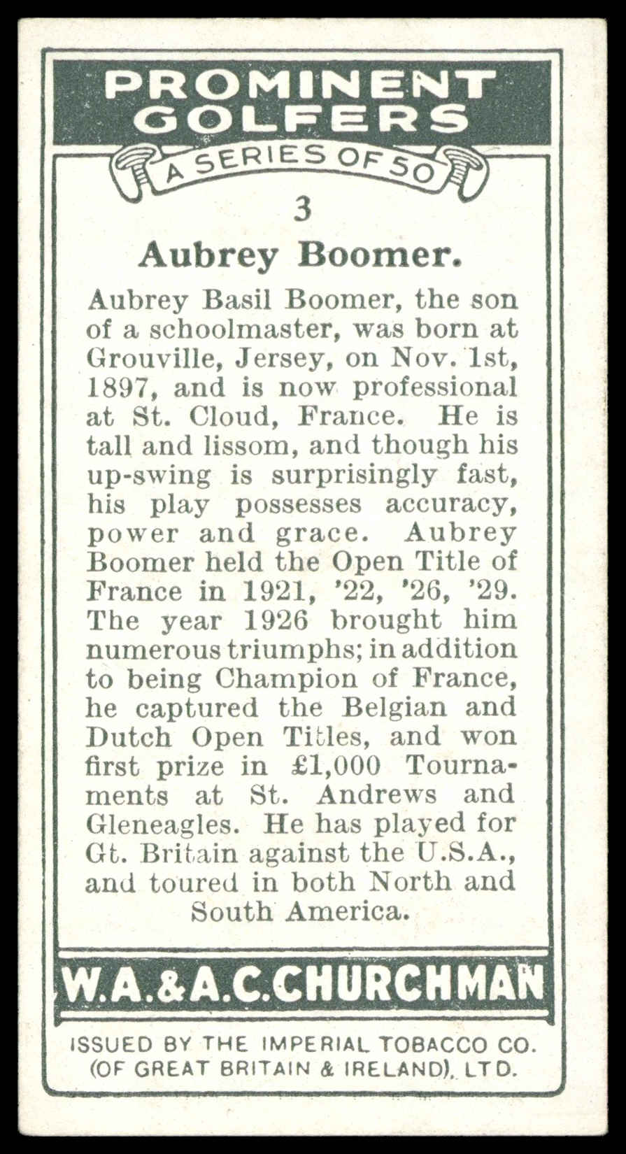 Churchman - 'Prominent Golfers' (1931) - Aubrey Boomer Churchman - 'Prominent Golfers' (1931) - Aubrey Boomer