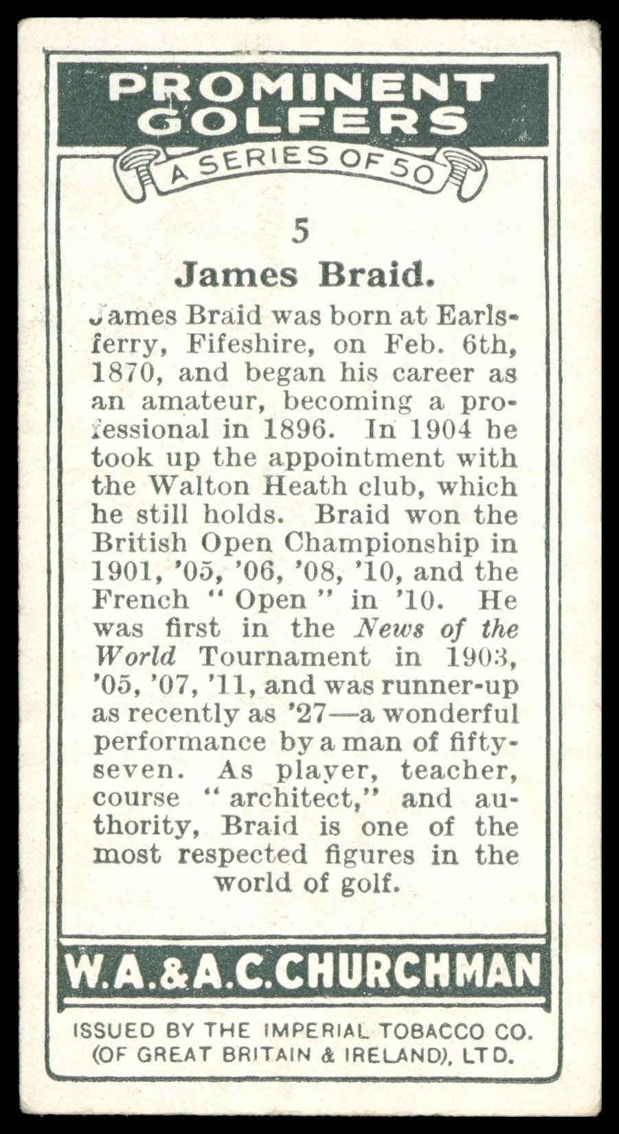 Churchman - 'Prominent Golfers' (1931) - James Braid Churchman - 'Prominent Golfers' (1931) - James Braid