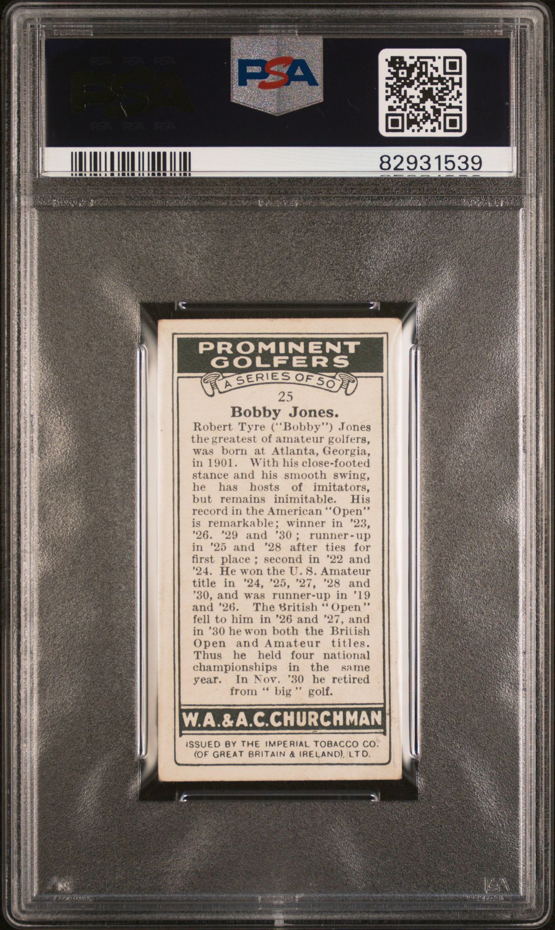 Churchman - 'Prominent Golfers' (1931) - Bobby Jones **PSA3** Churchman - 'Prominent Golfers' (1931) - Bobby Jones **PSA3**