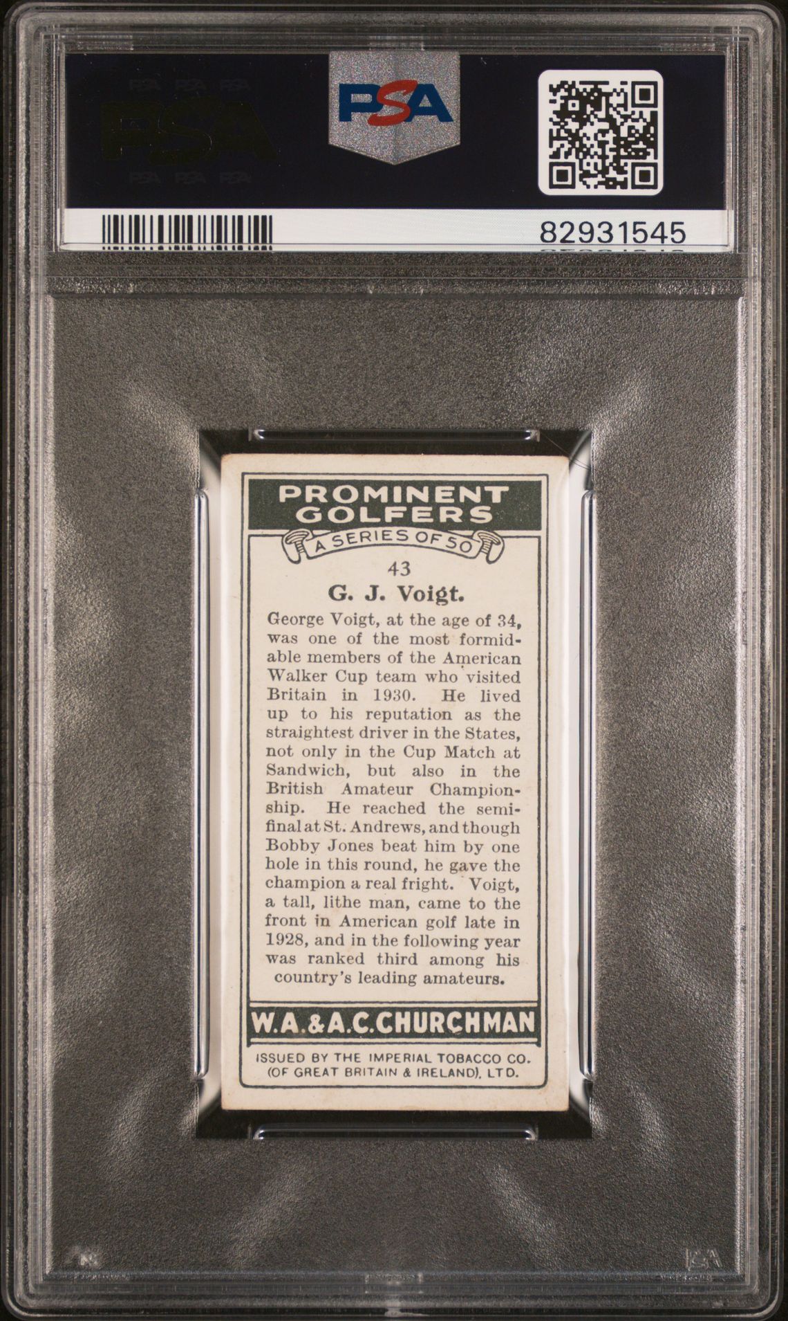 Churchman - 'Prominent Golfers' (1931) - G.J. Voigt **PSA4** Churchman - 'Prominent Golfers' (1931) - G.J. Voigt **PSA4**