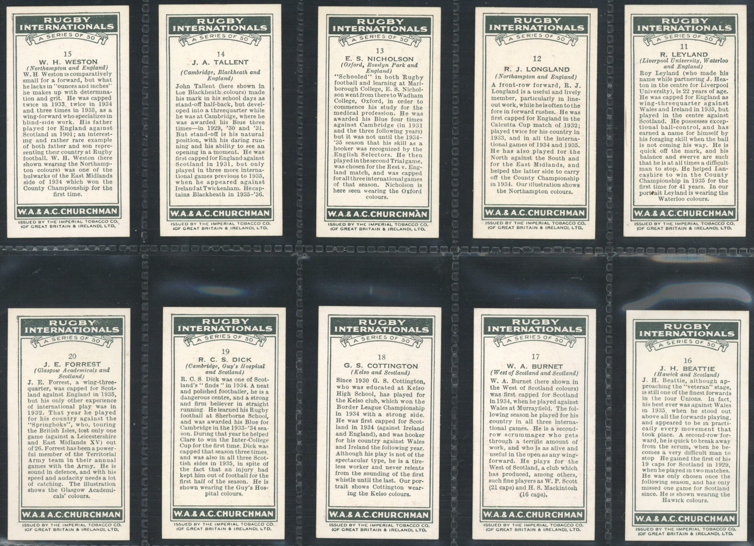 Churchman - 'Rugby Internationals' (1935) - Complete Set Churchman - 'Rugby Internationals' (1935) - Complete Set