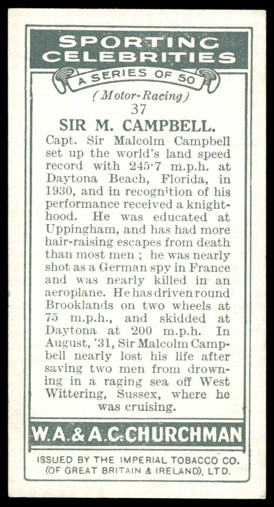Churchman - 'Sporting Celebrities' (1931) - Sir Malcolm Campbell (Motor Racing) **PSA2** Churchman - 'Sporting Celebrities' (1931) - Sir Malcolm Campbell (Motor Racing) **PSA2**
