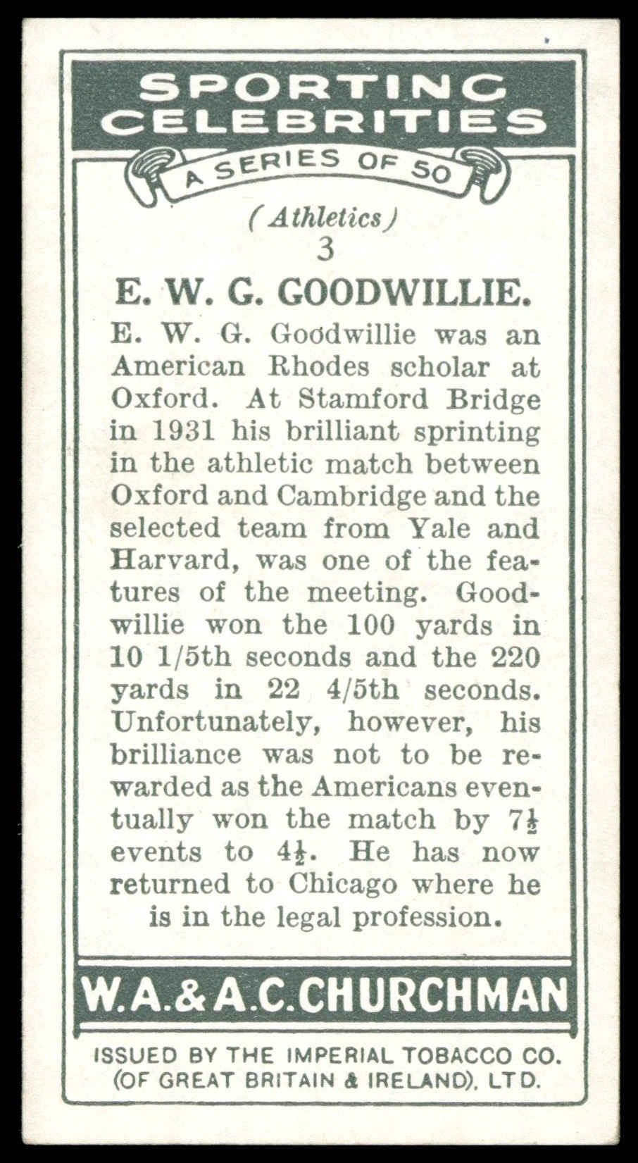 Goodwillie Churchman – ‘Sporting Celebrities’ (1931) – E.W.G. Goodwillie ...