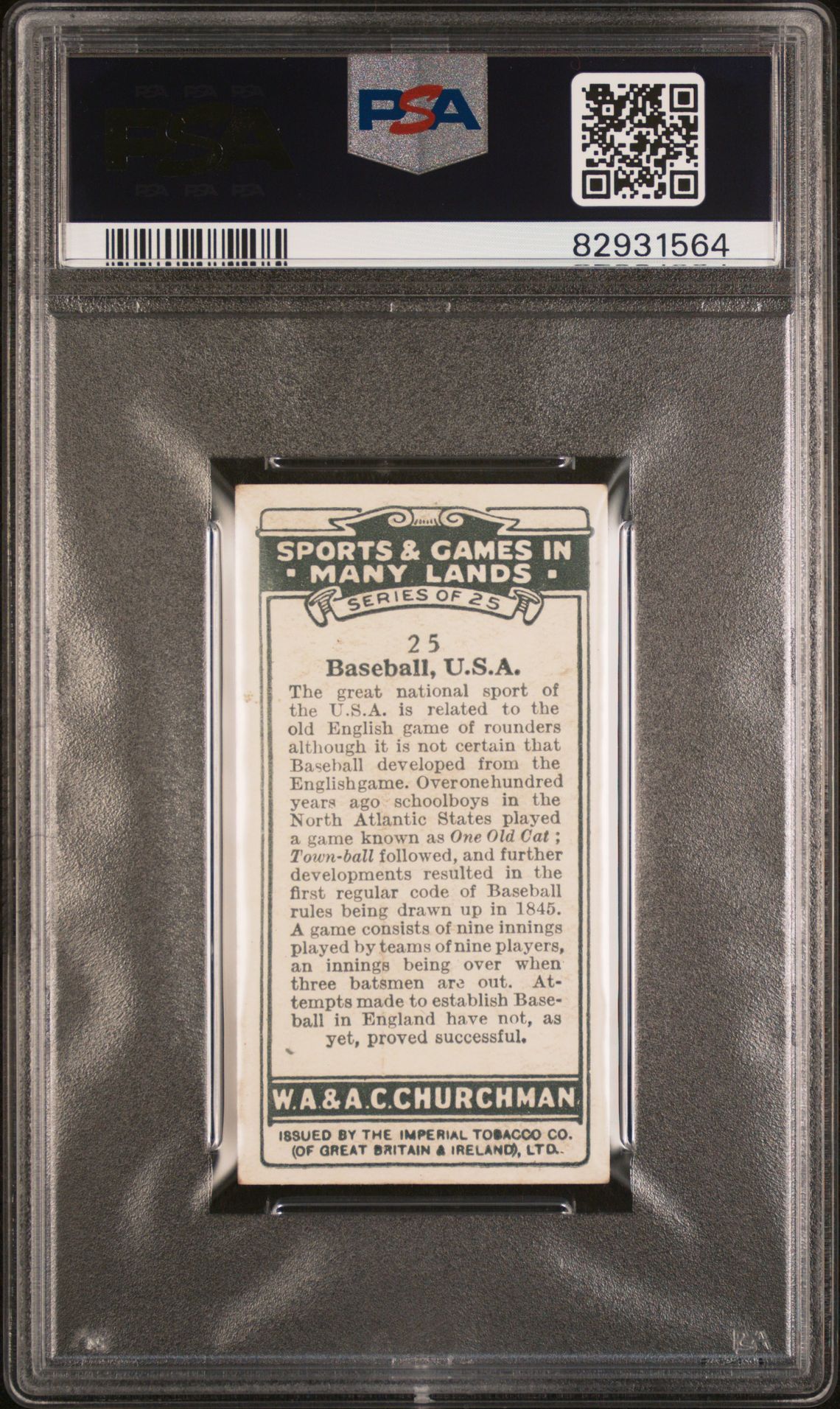 Churchman - 'Sports & Games' (1929) - Baseball (Babe Ruth) **PSA2** Churchman - 'Sports & Games' (1929) - Baseball (Babe Ruth) **PSA2**