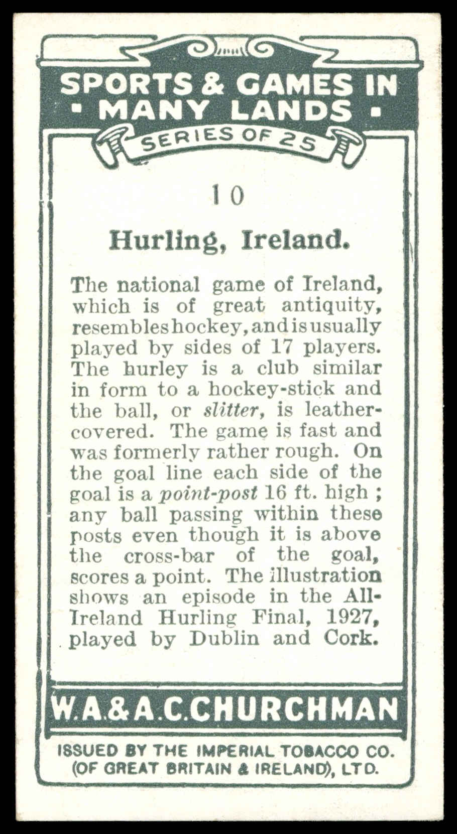 Churchman - 'Sports & Games in Many Lands' (1929) - Hurling - Ireland Churchman - 'Sports & Games in Many Lands' (1929) - Hurling - Ireland