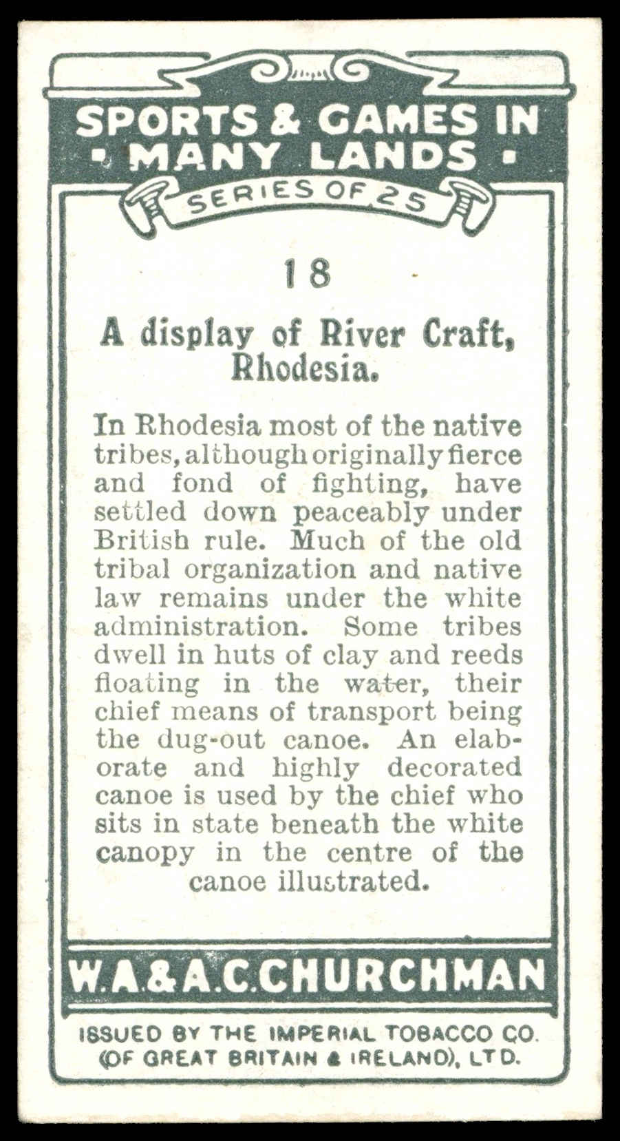Churchman - 'Sports & Games in Many Lands' (1929) - River Craft - Rhodesia Churchman - 'Sports & Games in Many Lands' (1929) - River Craft - Rhodesia