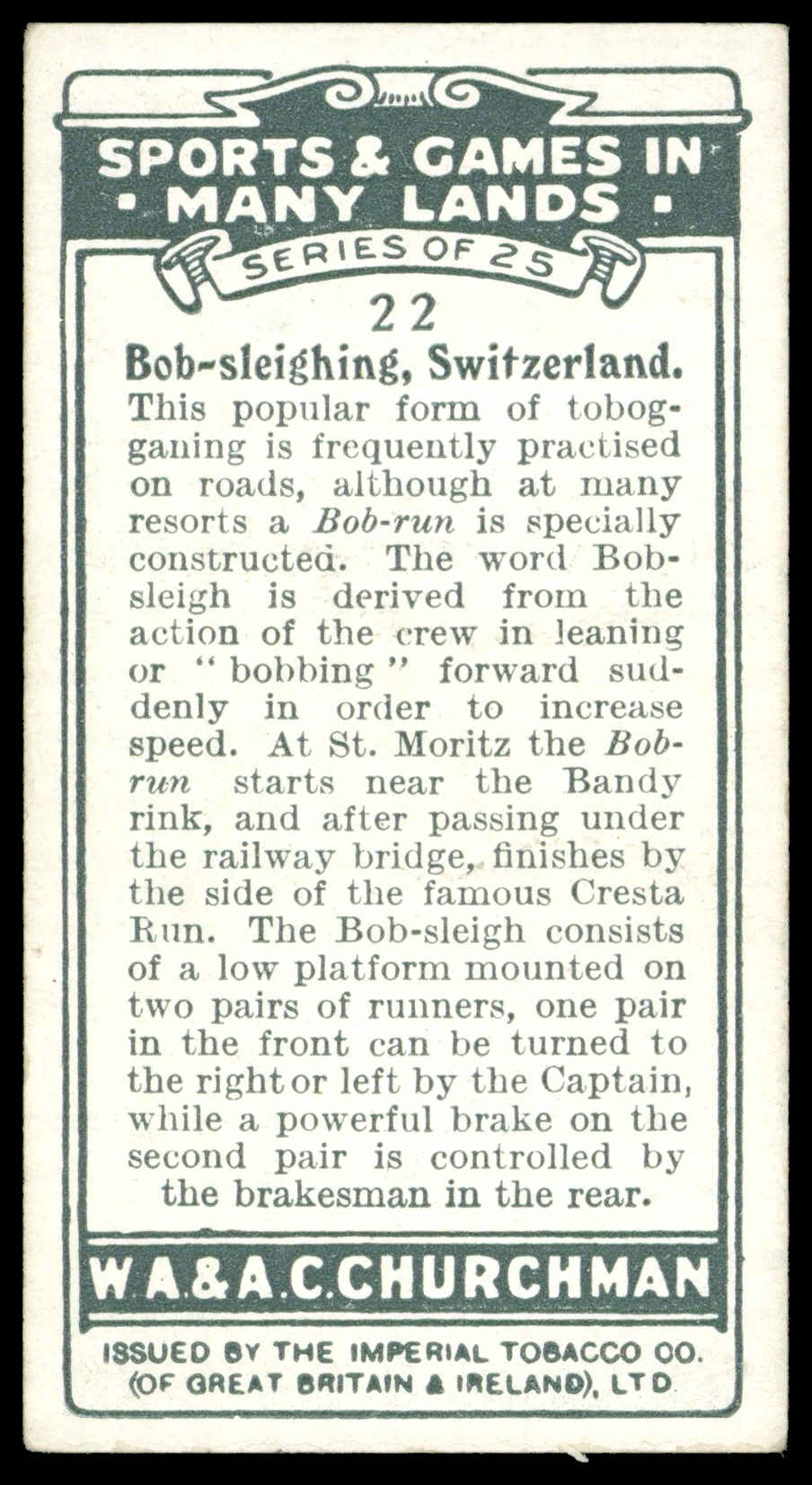 Churchman - 'Sports & Games in Many Lands' (1929) - Bob-Sleighing - Switzerland Churchman - 'Sports & Games in Many Lands' (1929) - Bob-Sleighing - Switzerland