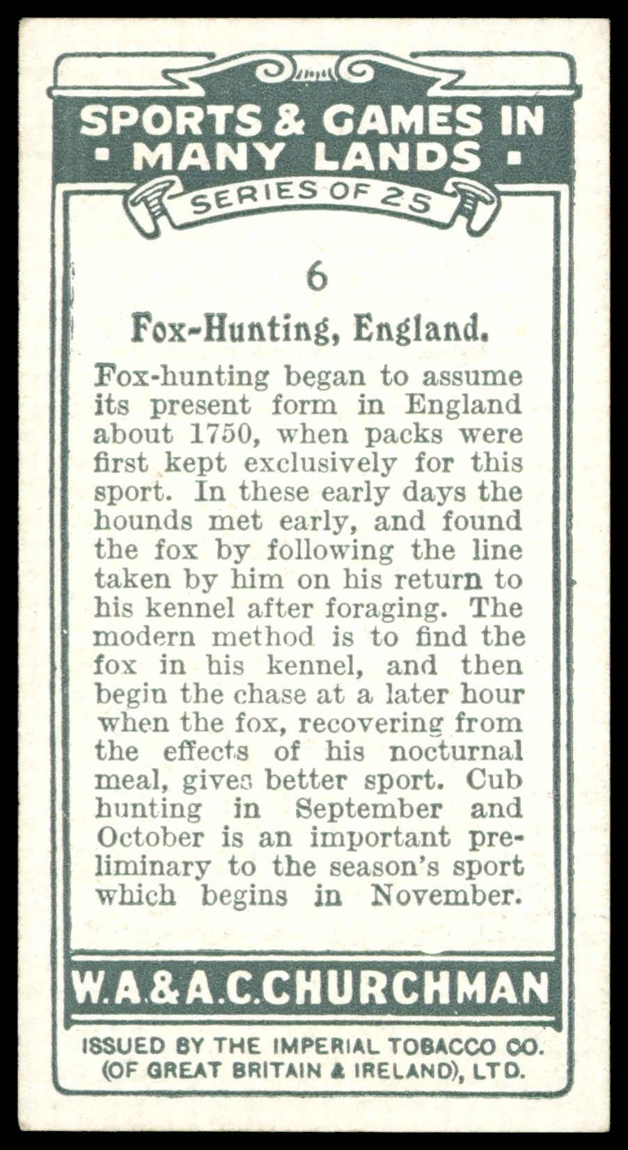 Churchman - 'Sports & Games in Many Lands' (1929) - Fox-Hunting - England Churchman - 'Sports & Games in Many Lands' (1929) - Fox-Hunting - England