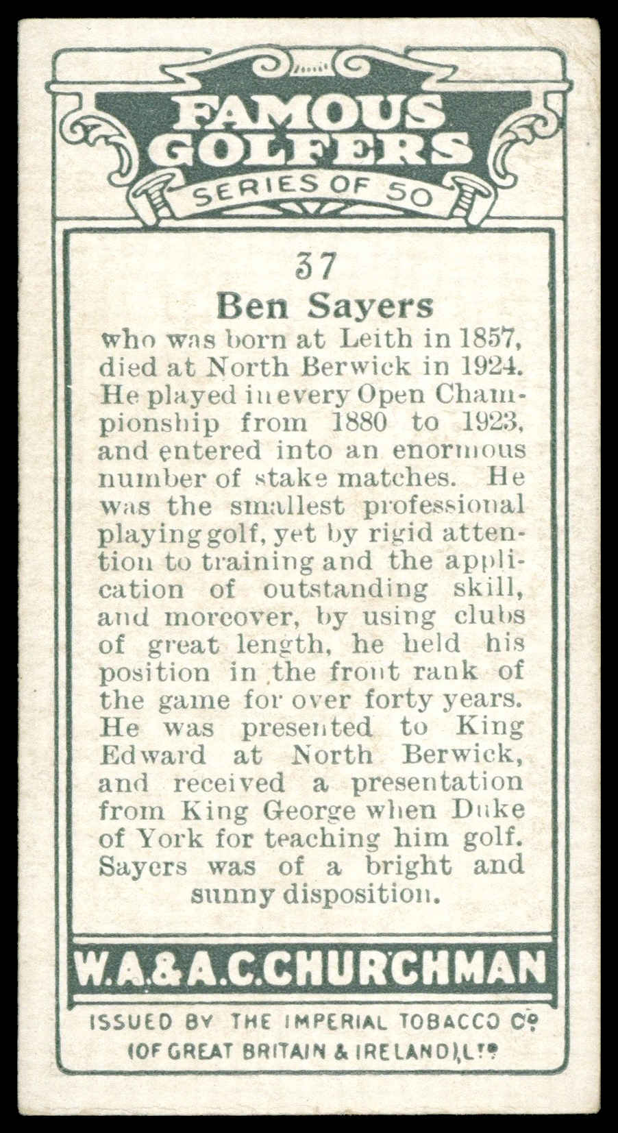 Churchman - 'Famous Golfers' (1927) - Ben Sayers Churchman - 'Famous Golfers' (1927) - Ben Sayers