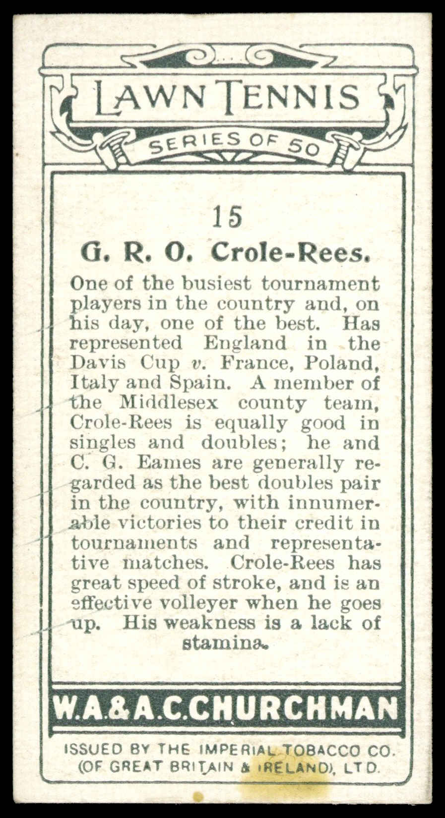 Churchman - 'Lawn Tennis' (1928) - G.R.O. Crole-Rees Churchman - 'Lawn Tennis' (1928) - G.R.O. Crole-Rees