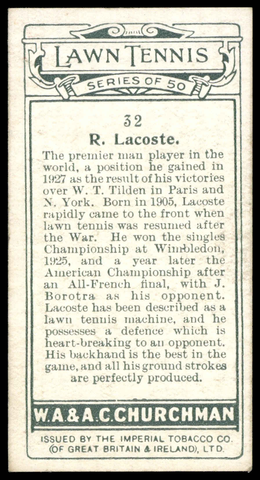 Churchman - 'Lawn Tennis' (1928) - R. Lacoste Churchman - 'Lawn Tennis' (1928) - R. Lacoste