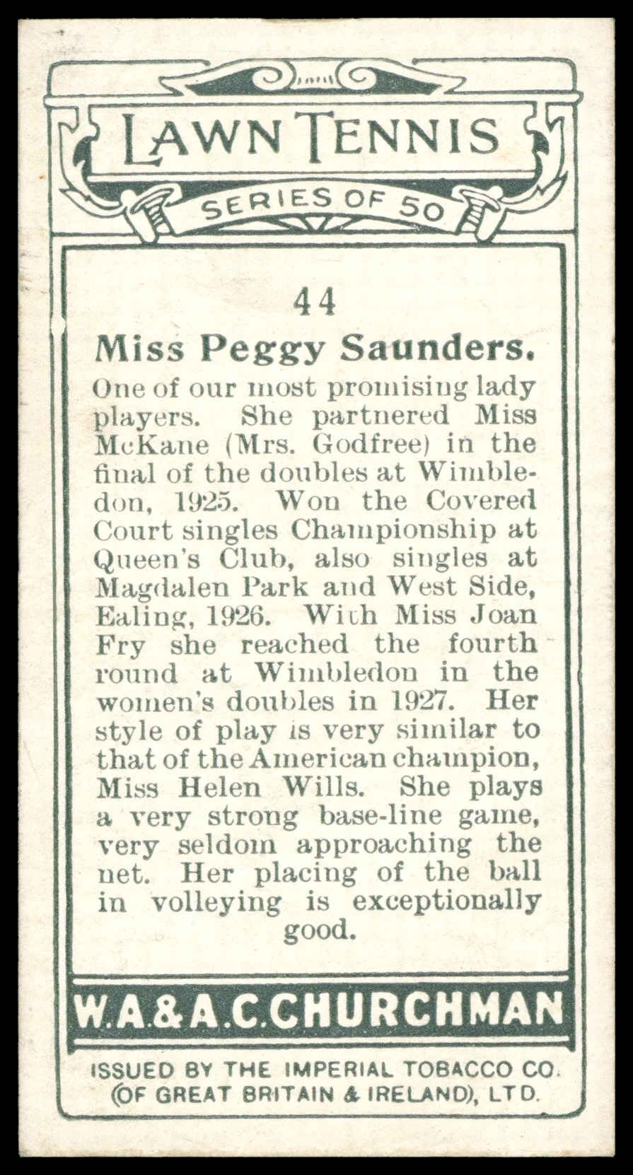 Churchman - 'Lawn Tennis' (1928) - Miss Peggy Saunders Churchman - 'Lawn Tennis' (1928) - Miss Peggy Saunders