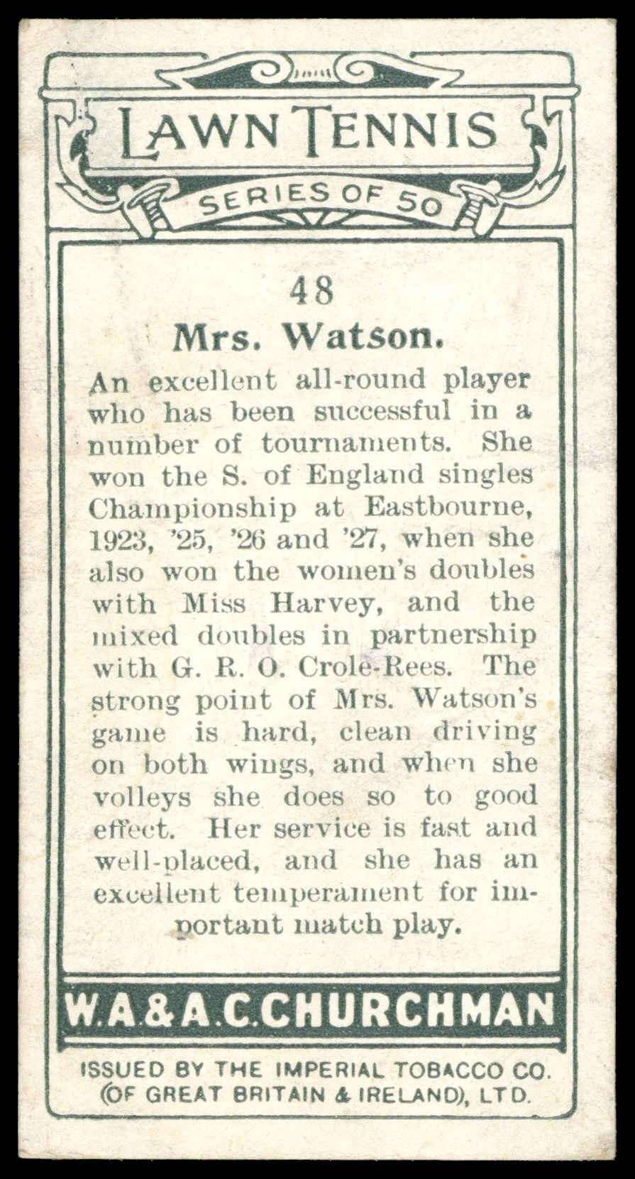 Churchman - 'Lawn Tennis' (1928) - Mrs. Watson Churchman - 'Lawn Tennis' (1928) - Mrs. Watson