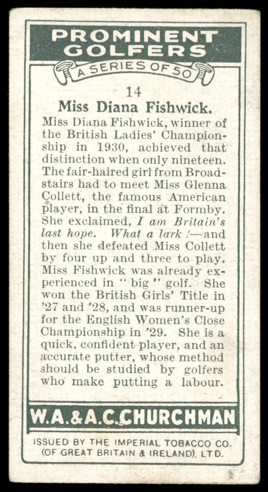 Churchman - 'Prominent Golfers' (1931) - Miss Diana Fishwick Churchman - 'Prominent Golfers' (1931) - Miss Diana Fishwick