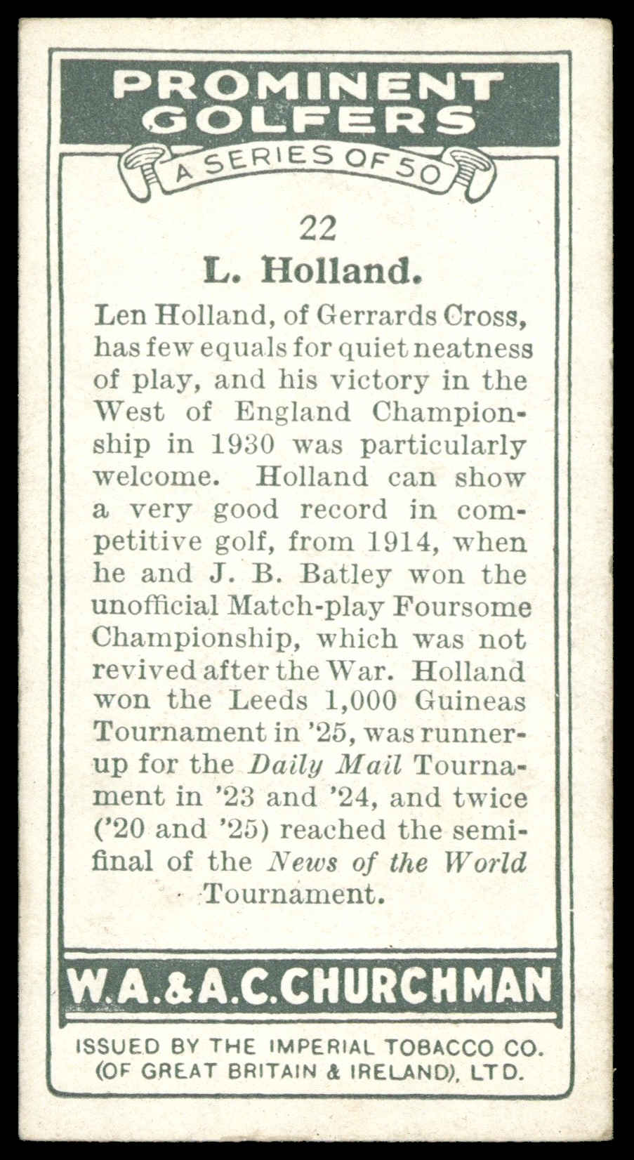Churchman - 'Prominent Golfers' (1931) - L. Holland Churchman - 'Prominent Golfers' (1931) - L. Holland