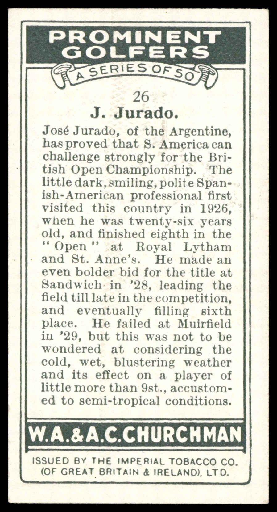 Churchman - 'Prominent Golfers' (1931) - J. Jurado Churchman - 'Prominent Golfers' (1931) - J. Jurado