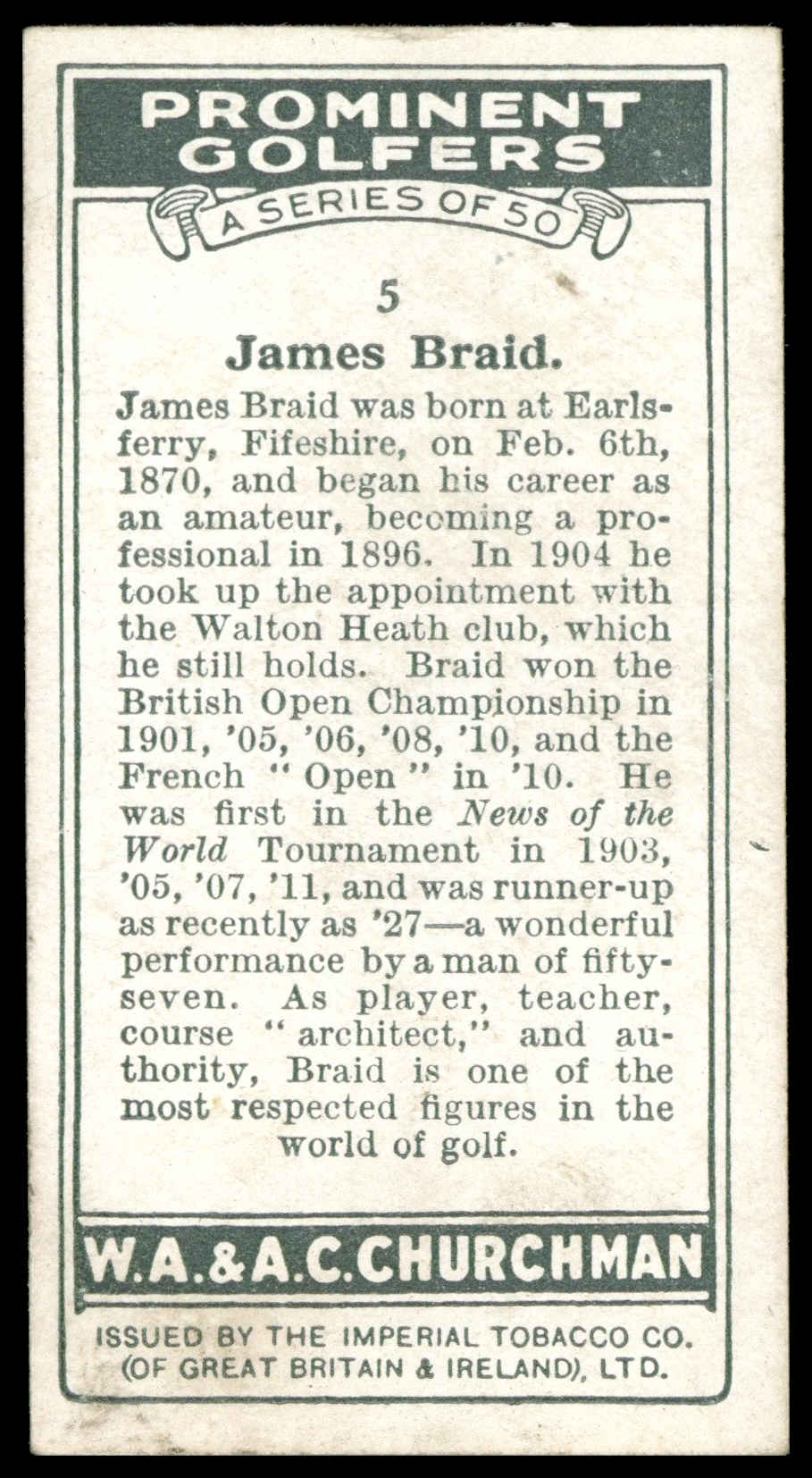 Churchman - 'Prominent Golfers' (1931) - James Braid Churchman - 'Prominent Golfers' (1931) - James Braid