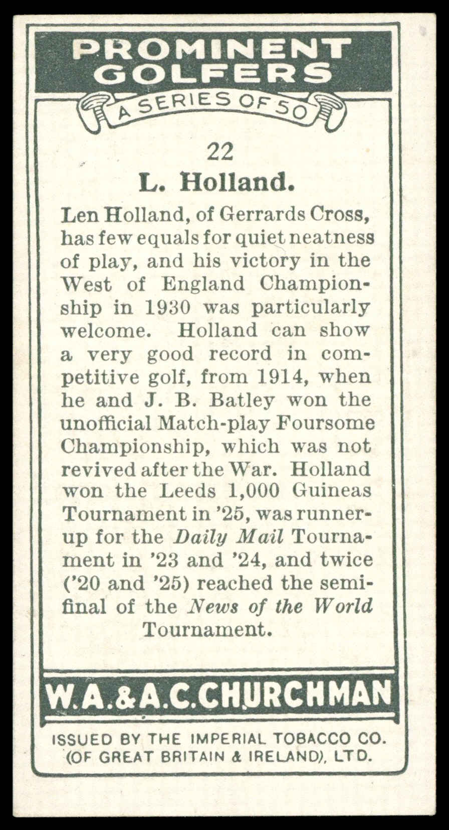 Churchman - 'Prominent Golfers' (1931) - L. Holland Churchman - 'Prominent Golfers' (1931) - L. Holland