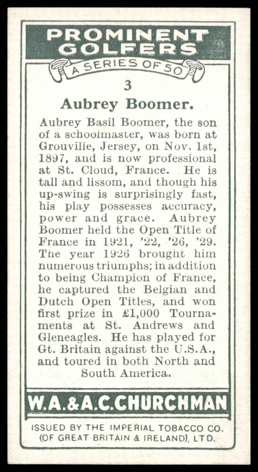 Churchman - 'Prominent Golfers' (1931) - Aubrey Boomer Churchman - 'Prominent Golfers' (1931) - Aubrey Boomer