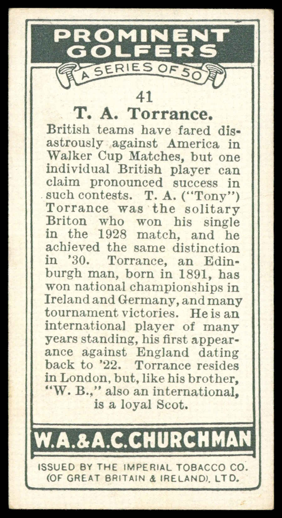 Churchman - 'Prominent Golfers' (1931) - T.A. Torrance Churchman - 'Prominent Golfers' (1931) - T.A. Torrance