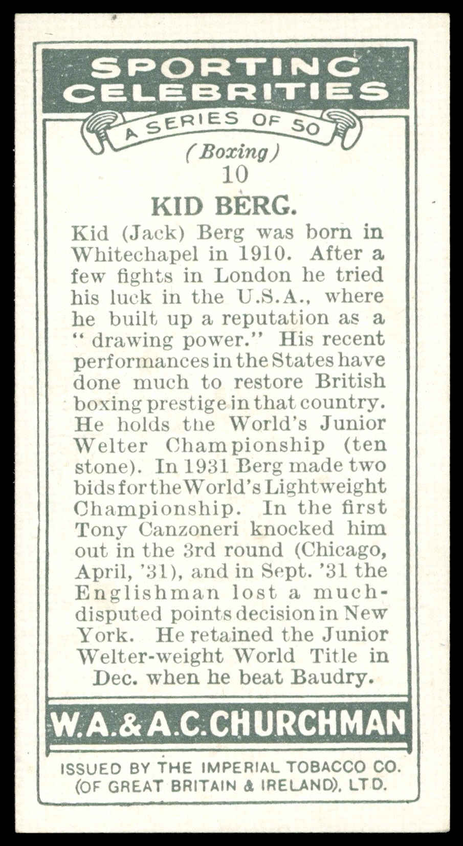 Churchman - 'Sporting Celebrities' (1931) - #10 - Kid Berg (Boxing) Churchman - 'Sporting Celebrities' (1931) - #10 - Kid Berg (Boxing)